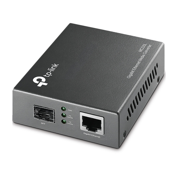 JFM Technology Compact TP Link network appliance with one SFP port and one Ethernet port several status LEDs used to connect or bridge network links