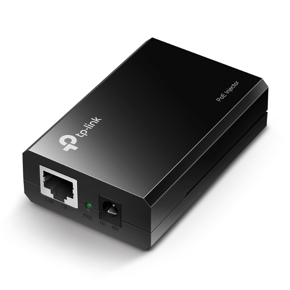 JFM Technology Tp link poe injector device showing lan port power input and status indicators on a black rectangular unit angled view