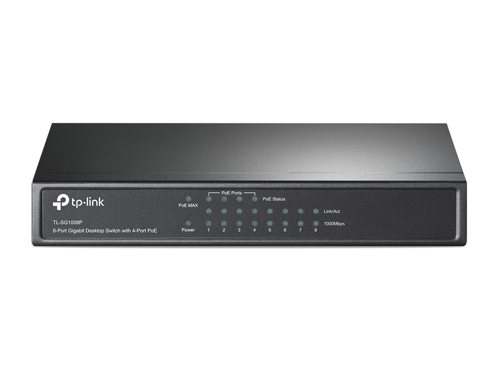 JFM Technology Tp link 8 port gigabit desktop switch with 4 poe ports and status leds on the front panel power poe linkact