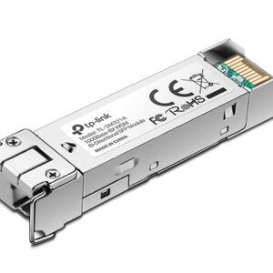 Metal SFP fiber optic transceiver module TP Link for Ethernet networks with edge contact connector and FCCCE marks on the label