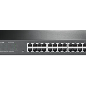 Front view of TP Link TL SG1024DE 24 port gigabit smart switch with LED indicators on the left panel and a reset button informative