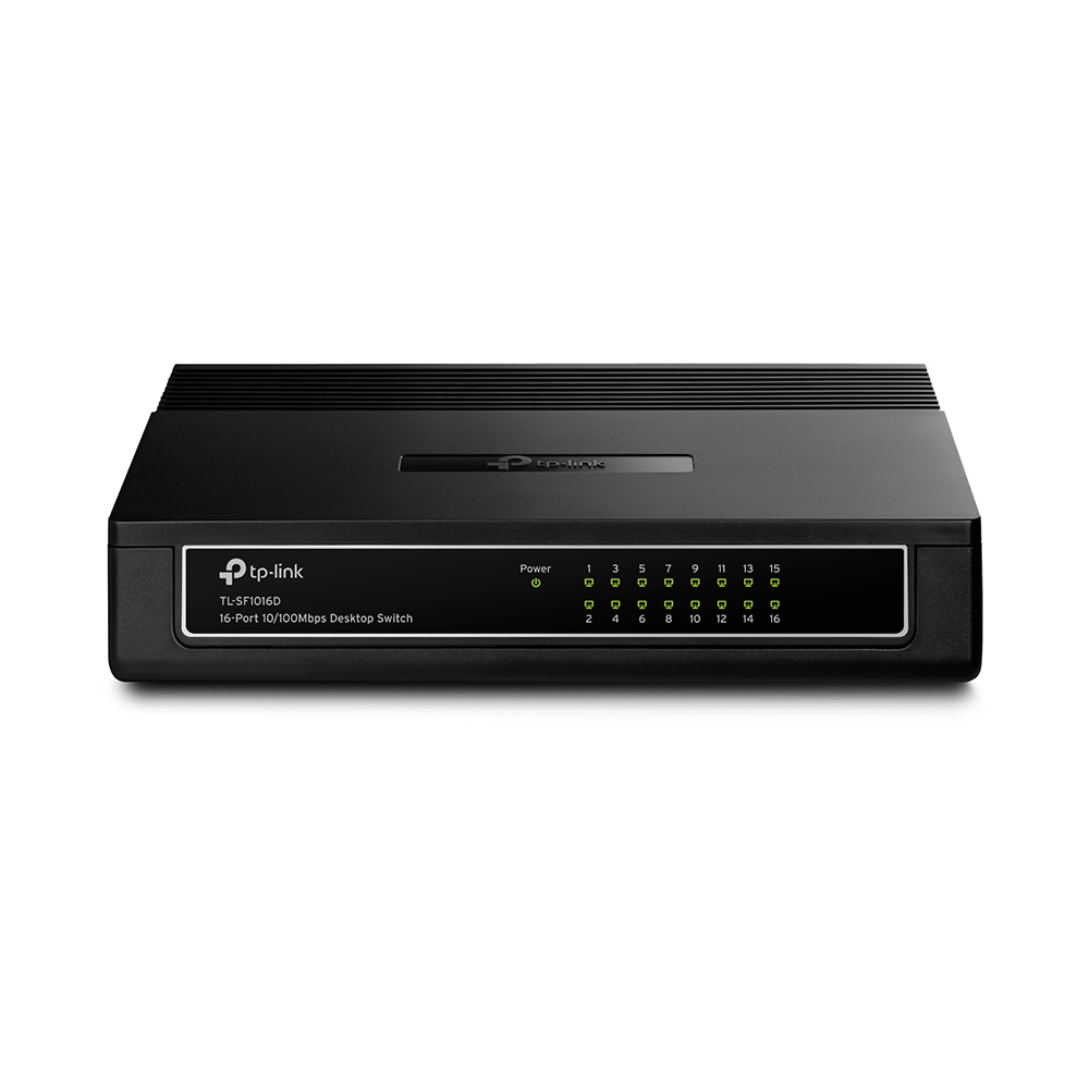 JFM Technology Tp link tl sf1016d 16 port 10100 mbps desktop switch black front panel with status leds