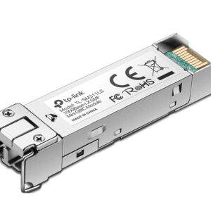 TP Link SFP transceiver module in a metal housing with contact pins exposed angled view