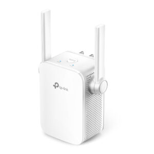 JFM Technology White TP Link wireless router with two adjustable antennas on a clean white background