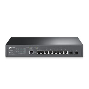 Front view of a TP Link L2 managed switch with eight Ethernet ports and two uplink ports on the front panel