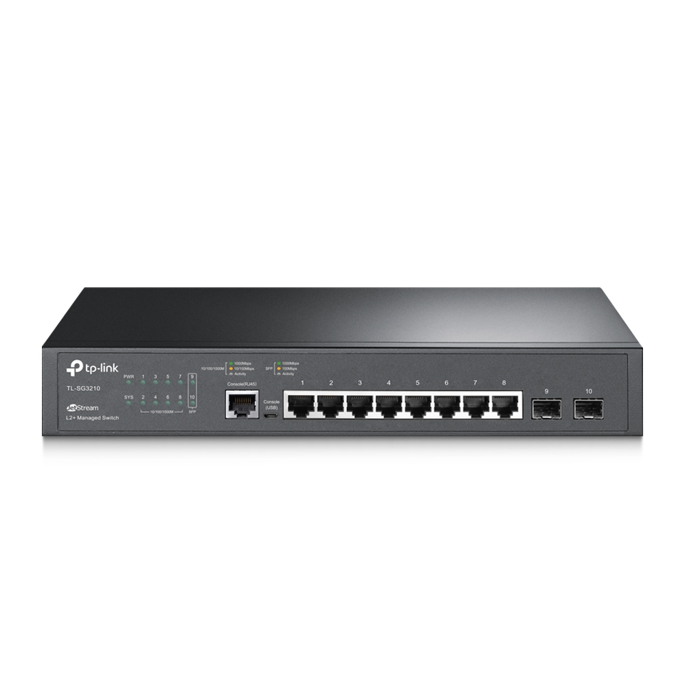 JFM Technology Front view of a tp link l2 managed switch with eight ethernet ports and two uplink ports on the front panel