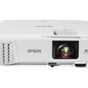 Front view of a white Epson projector showing its lens left ventilation grille and the EPSON logo on the body
