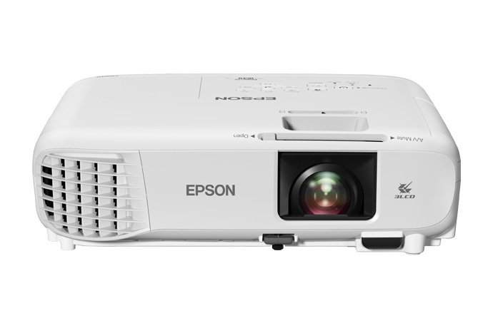 JFM Technology White Epson projector viewed from the front showing a large lens on the right and a vented grill on the left