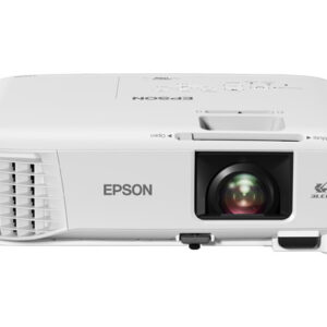 Front view of a white epson projector with a large lens on the right and a vent grid on the left