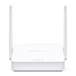 White dual antenna wireless router with front status LEDs Mercusys viewed from the front edge of a white surface on white background