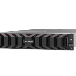 Front view of a lenovo rack mount server with multiple hot swappable drive bays and status leds