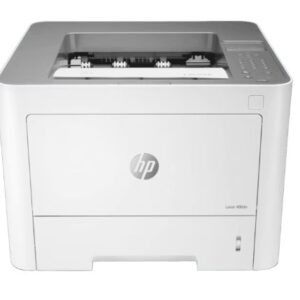 Front view of an HP laser printer with the paper output slot on top and a control panel on the right