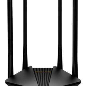 JFM Technology Mercusys black wifi router with four external antennas and a angular chassis