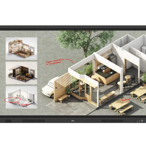 JFM Technology Isometric view of a modern cafe pavilion with wooden frames and outdoor tables shown on a monitor screen left side shows interior renderings as insets with notes about light shadow and texture