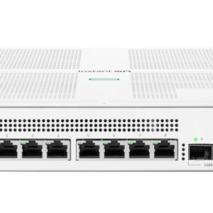 Front view of a white Instant On Switch Series 1930 showing eight Ethernet ports 18 and two 1GbE SFP+ ports with status LEDs and reset button