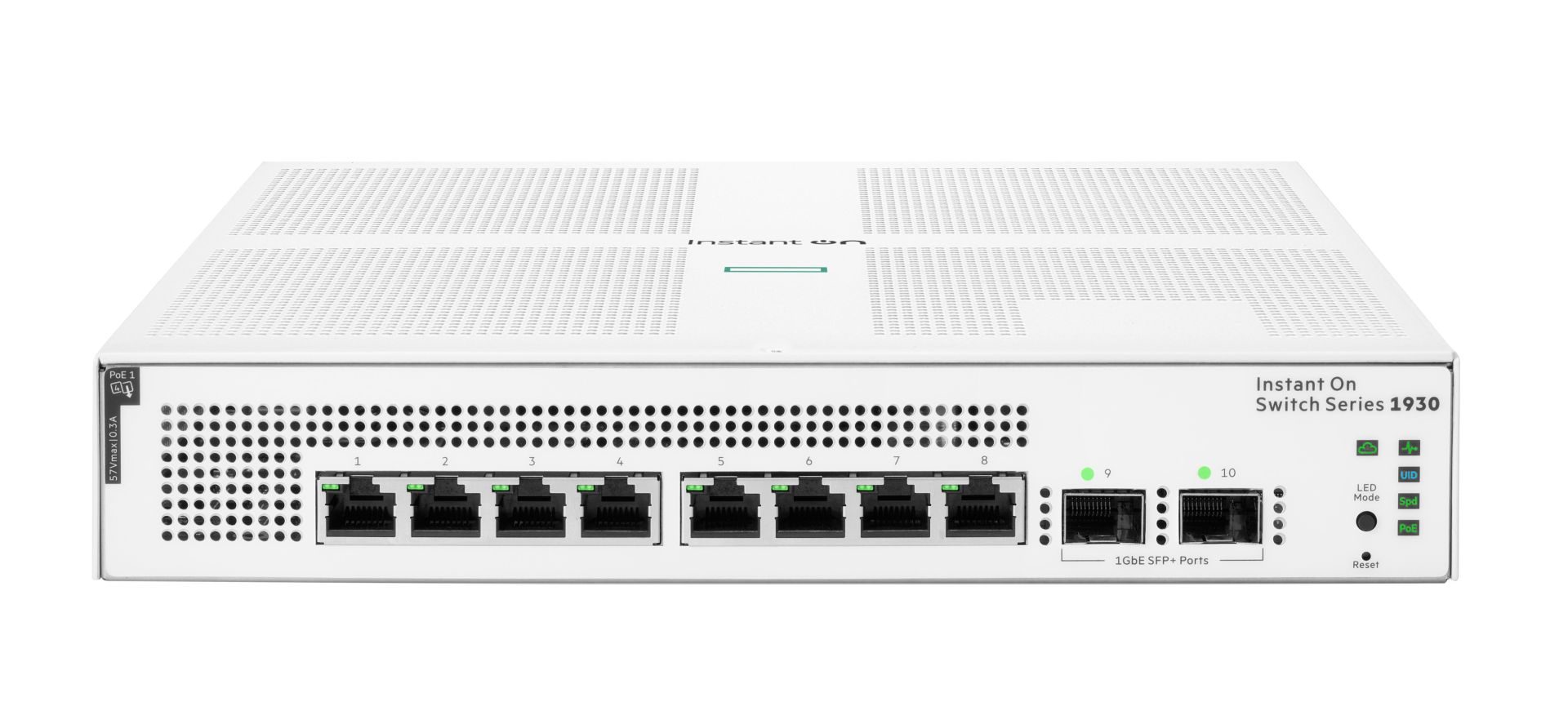 JFM Technology Front view of a white Instant On Switch Series 1930 showing eight Ethernet ports 18 and two 1GbE SFP+ ports with status LEDs and reset button