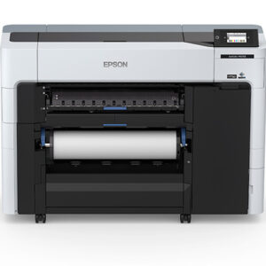 JFM Technology Front view of an epson large format printer with a paper roll loaded inside showing the output area at the front