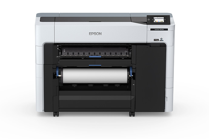JFM Technology Front view of an epson large format printer with a paper roll loaded inside showing the output area at the front