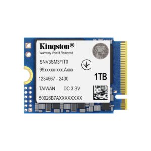 Close up of a Kingston solid state drive module on a blue PCB showing the 1TB label and gold edge connector