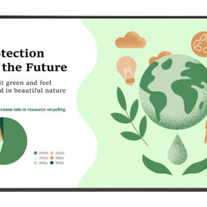 Infographic banner about environmental protection Earth plants and eco icons with a pie chart on the left and the title Protection for the Future on the white panel green tones throughout