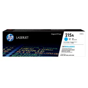 Hp laserjet original toner box cyan 215a cartridge with hp logo on black packaging