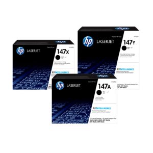 JFM Technology Boxes of hp laserjet toner cartridges arranged together showing 147x and 147a model labels and hp logo jetintelligence