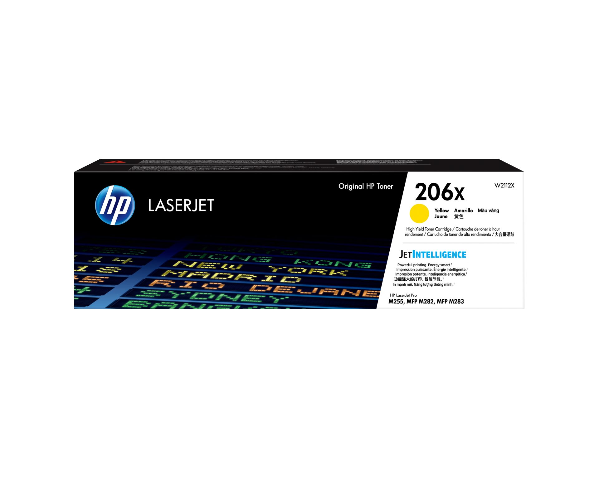 JFM Technology Hp laserjet toner box 206x with hp logo and yellow color label on white panel showing model and color