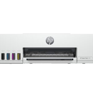 JFM Technology Front view of an HP printer showing color ink cartridges on the left and an HP logo on the top panel with the printers paper output area in view