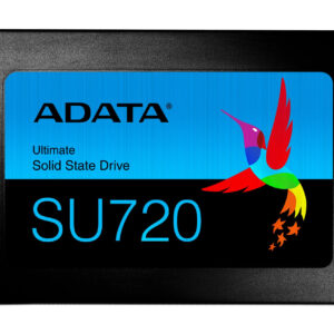 ADATA SU720 solid state drive with blue label and multicolored hummingbird logo on a black casing