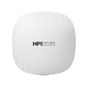 JFM Technology Close up of a white circular device with a ridged edge and the HPE Aruba Networking logo visible