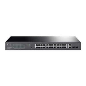 JFM Technology Front view of a black network switch with 24 ethernet ports led indicators and two small uplink ports on the right
