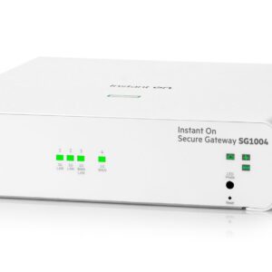 JFM Technology White 1U network security gateway labeled Instant On Secure Gateway SG1004 with four green status LEDs on the front panel and a small reset hole on the right side