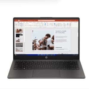 Hp laptop displaying a powerpoint slide with a photo of people and the headline systems made for everyday