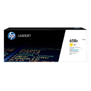 JFM Technology Hp laserjet 658x toner cartridge box shows hp logo and yellow color swatch model w2002x