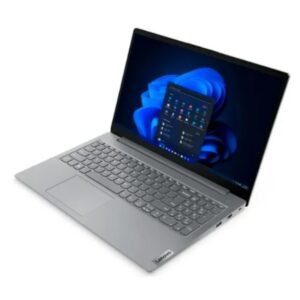 JFM Technology Slim silver Lenovo laptop open Windows 11 desktop visible on screen
