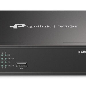 Black tp link vigi 8 channel poe network video recorder with front usb port and led indicators