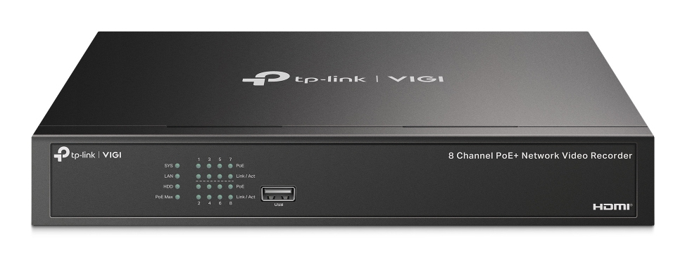 JFM Technology Black tp link vigi 8 channel poe network video recorder with front usb port and led indicators