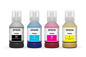JFM Technology Four Epson ink bottles in black cyan magenta and yellow lined up in a row
