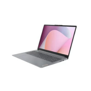 Silver laptop computer opened at an angle screen showing a pink and peach abstract wallpaper