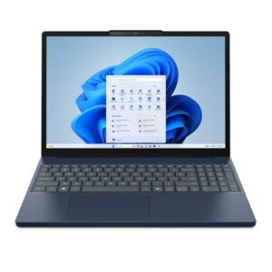 Open dark blue laptop showing Windows 11 desktop and Start menu on the screen