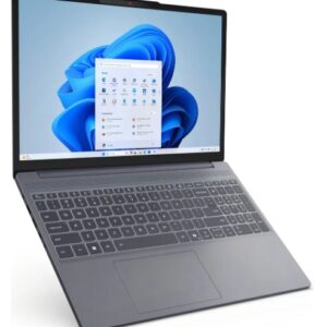 Thin grey laptop open at angle screen showing windows 11 desktop with a blue swirl background and a floating app window