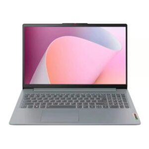 JFM Technology Open silver laptop with a black keyboard and pink abstract wallpaper on the screen