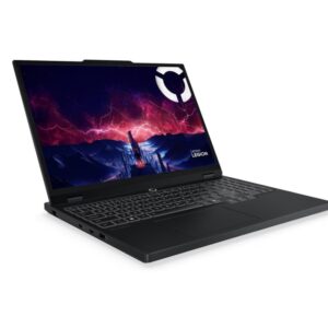 Lenovo Legion gaming laptop open at an angle black chassis displaying a dramatic lightning wallpaper on the screen