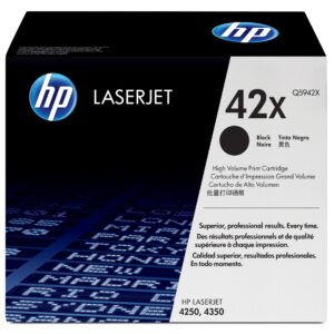 Hp laserjet toner cartridge box with hp logo and large 42x label on the front panel black and grey design