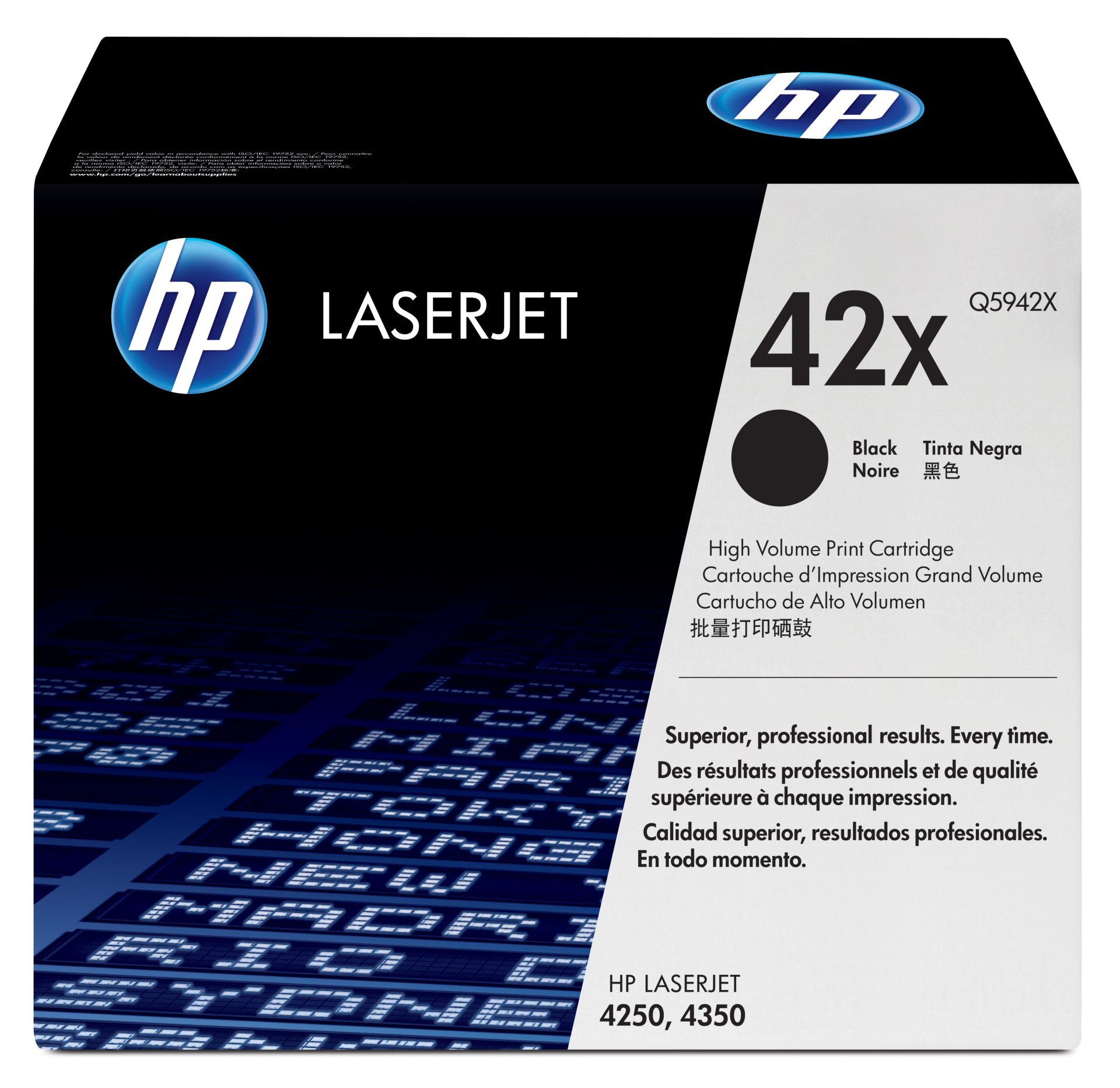 JFM Technology Hp laserjet toner cartridge box with hp logo and large 42x label on the front panel black and grey design