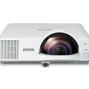 JFM Technology Front view of an epson projector with a large lens on the right vents on the left and a small mounting tab beneath