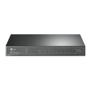 Black TP Link network switch front view with multiple Ethernet ports and status LEDs
