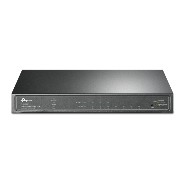 JFM Technology Black tp link network switch front view with multiple ethernet ports and status leds