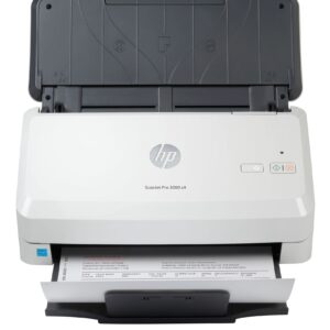 JFM Technology Front view of an HP ScanJet Pro 3000 s4 with the lid open and a document feeding into the tray