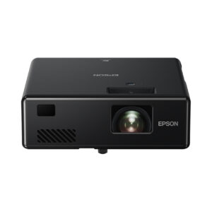 Front view of a black Epson projector with a central lens and vented side panel ready for presentation use in a room setting No context implied just device